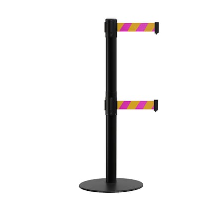 Montour Line Stanchion Dual Belt Barrier Flat Base Black Post 11ft.Mag/Yel Belt S400D-BK-MYD-110
